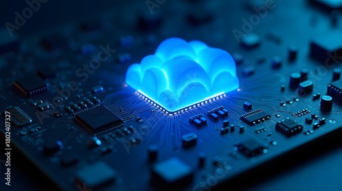 A futuristic circuit board featuring glowing blue cloud structures, representing advanced technology concepts.