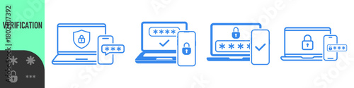 Two steps authentication icon. Verification or sms with push code message confirmation for account login. Multi-factor authentication design verification code message. Phone and laptop password secure