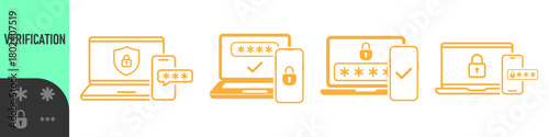 Two steps authentication icon. Verification or sms with push code message confirmation for account login. Multi-factor authentication design verification code message. Phone and laptop password secure