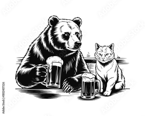 Bear and cat drinking beer at bar mugs design.