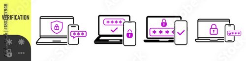 Two steps authentication icon. Verification or sms with push code message confirmation for account login. Multi-factor authentication design verification code message. Phone and laptop password secure
