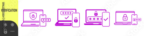 Two steps authentication icon. Verification or sms with push code message confirmation for account login. Multi-factor authentication design verification code message. Phone and laptop password secure