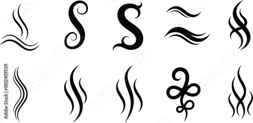 Collection of hand drawn black ink stylized steam or smoke wisps and swirls on a white background
