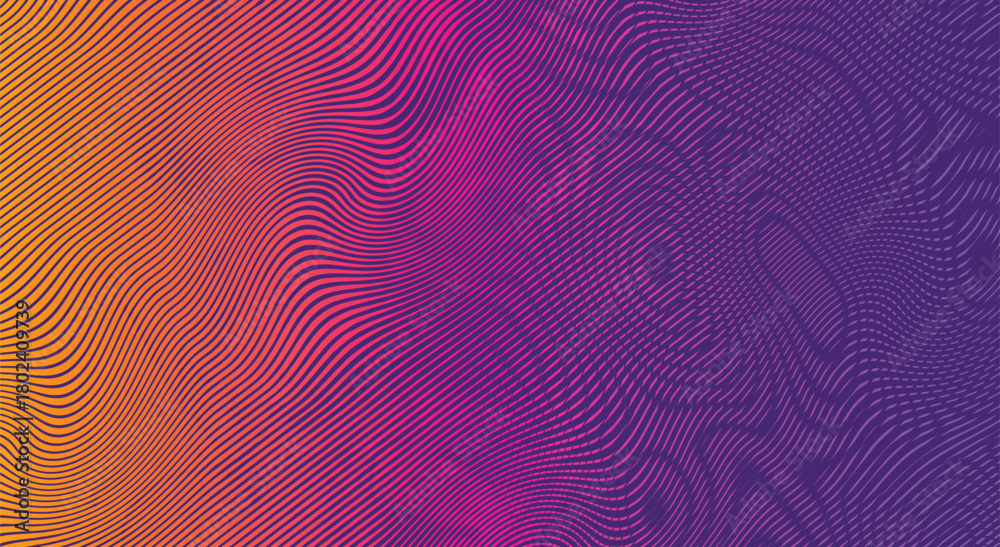 Fototapeta premium Vector wavy lines gradient transition from purple to yellow background. Futuristic liquid glitch made by thin distorted lines .