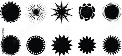 Collection of ten diverse black abstract starburst and oval shapes with textured edges on a white background