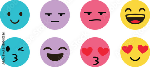 Collection of eight colorful oval shaped cartoon faces with different emoji expressions and emotions
