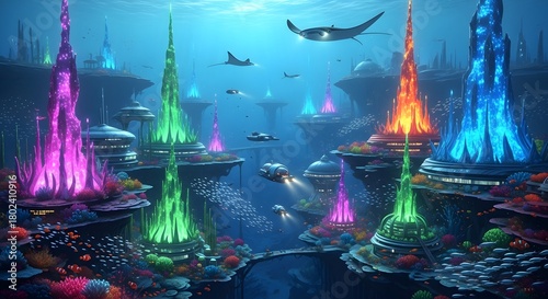 Fototapeta Naklejka Na Ścianę i Meble -  Underwater city ocean coral reef marine life future fantasy landscape aquatic world vibrant scenery