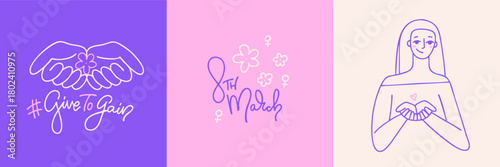 8 march international women's day square greeting cards set. Woman with hands cupped together, lettering hand drawn text . Linear doodle minimal vector illustration.