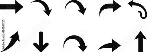 Collection of black arrow icons with various shapes and directions on a white background