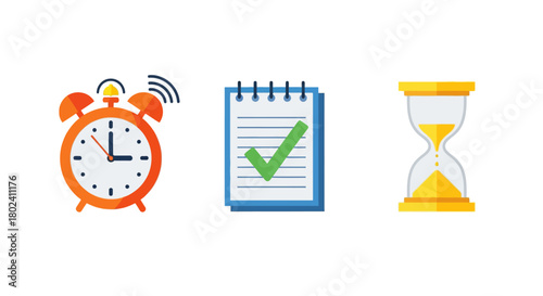 Time management symbols: alarm clock, checklist, hourglass