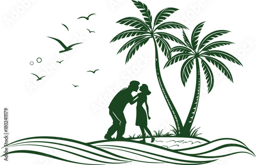 Couple Kissing Under Palm Trees on Tropical Island love romance