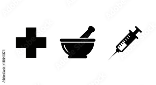 Medical symbols set: cross, mortar with pestle, syringe in minimalist design