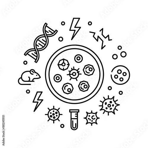Biological research and science line art icon set illustration