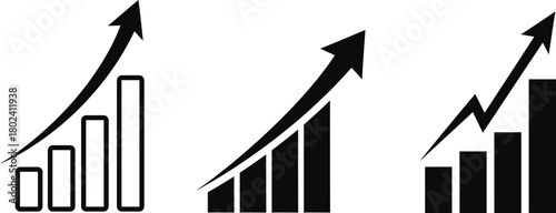 Three stylized bar charts with upward trending arrows indicating growth and success