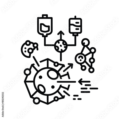 Medical treatment process icon with iv bags and cellular interaction