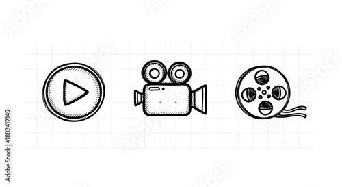Sketched movie icons: film camera, reel, and play button on grid background