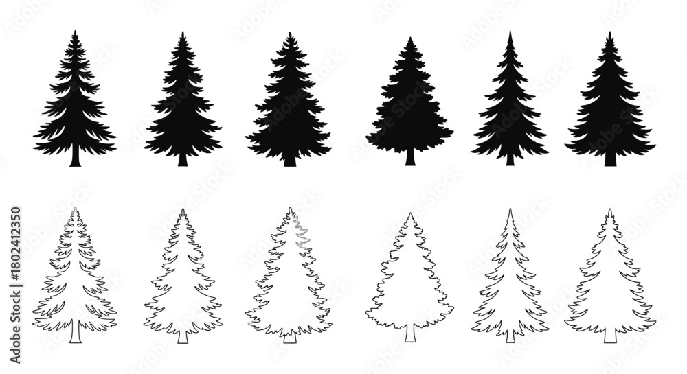 Obraz premium Minimal Christmas Tree Outline and Solid Icons Set