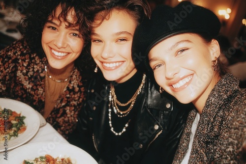 Three friends sharing joyful moments at dinner, surrounded by delicious food and laughter