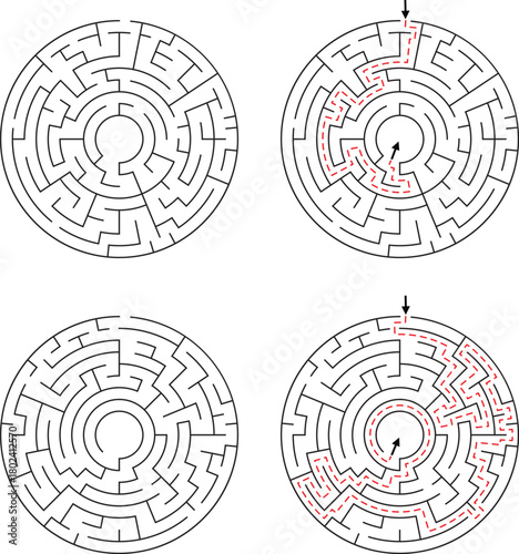 Two Circular Mazes With Solutions Highlighted In Red Lines 