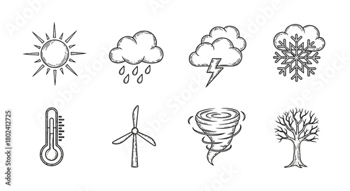Weather icon set: sketchy sun, clouds, snowflake, thermometer, wind turbine, tornado