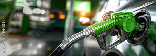 Close-up view of green fuel nozzle filling car gas tank at a modern gas station