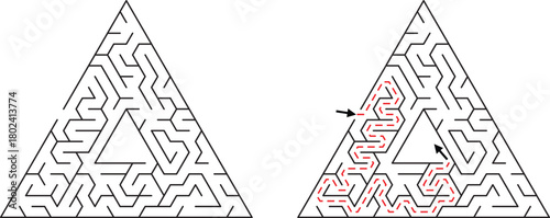 Two triangular mazes one solved with red dashed line and arrows labyrinth puzzle