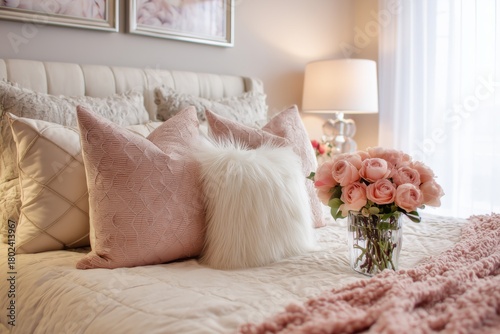 Cozy Bedroom With Soft Pillows and a Bouquet of Fresh Flowers in Natural Light
