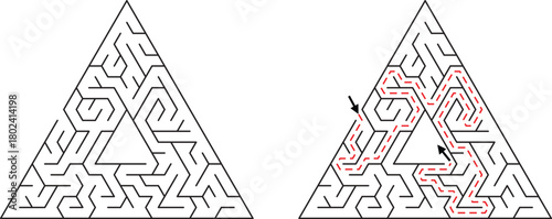 Two triangular mazes one solved with red dashed line and arrows labyrinth puzzle
