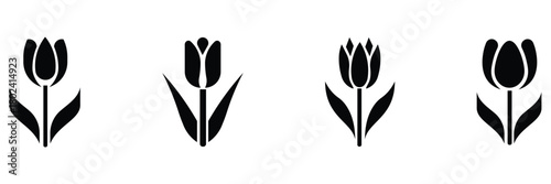 Collation of black tulip silhouette icons set. Black vector of stylized tulip flowers in various style. Spring bloom symbol. Minimalist nature icon collection. Vector illustration.
