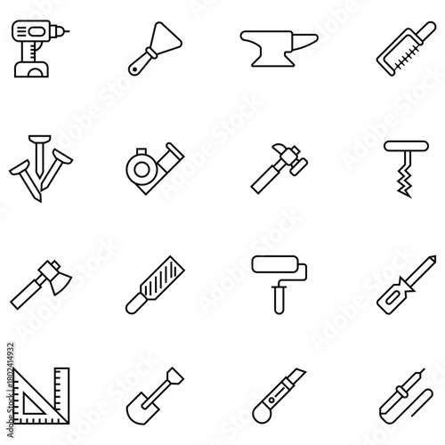 Set of tool box line icons. Containing cutting, scythe, hatchet, knife, sickle, ruler, plunger, service, drill and more. Flat vector simple elements. Service repair tool icons. Vector illustration.