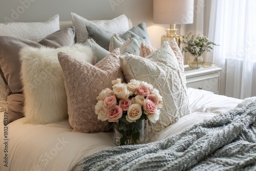 Cozy Bedroom With Soft Pillows and a Bouquet of Fresh Flowers in Natural Light