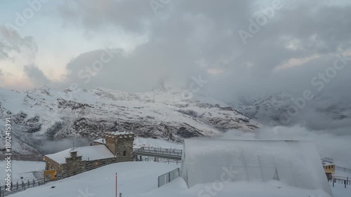 Zermatt Switzerland time lapse of Matterhorn mountain peak and Gornergrat bahn train in winter season