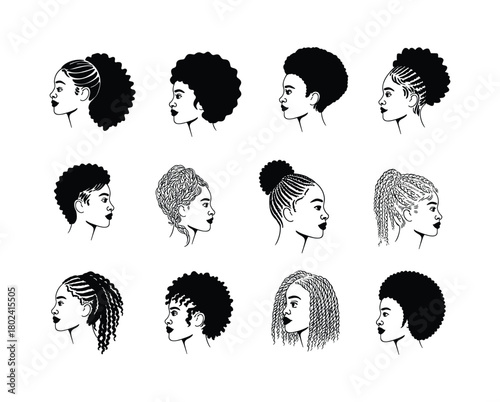 Set of diverse hairstyles on black female profiles white.
