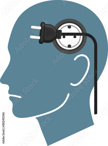 A silhouette of a head with a power plug (connected or disconnected). The concept of the "eternal student" is to activate or deactivate the brain from the "race to retrain" and mental stress.