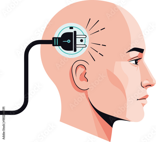 A silhouette of a head with a power plug (connected or disconnected). The concept of the "eternal student" is to activate or deactivate the brain from the "race to retrain" and mental stress.