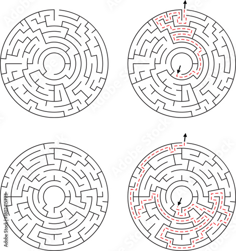 Four circular mazes with two solved paths indicated by red dashed lines labyrinth