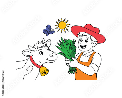 Farmer offers green food to cow under sun with butterfly vector.