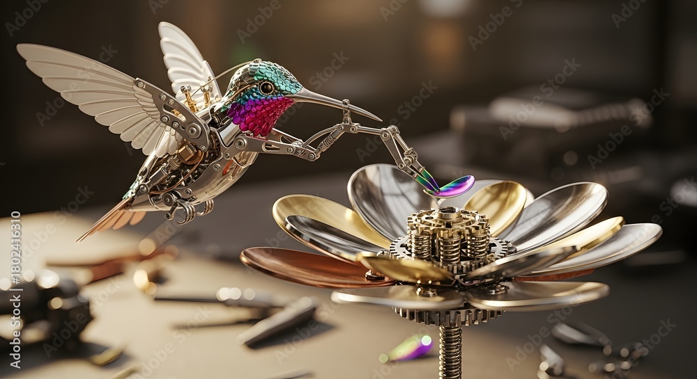 Fototapeta premium Mechanical hummingbird flower metal art gears wings robotics sculpture steampunk design intricate creation