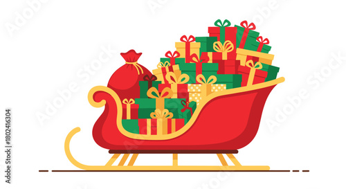 Santa's classic red sleigh viewed from the side, overflowing with a huge pile of brightly wrapped Christmas gifts and a sack of presents.