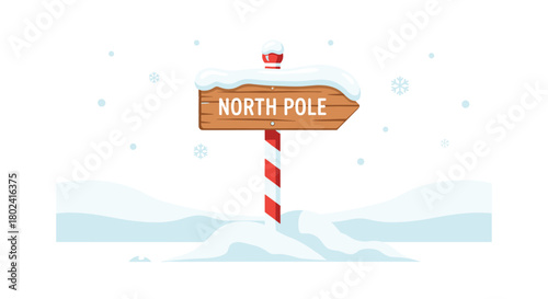 Cartoon wooden signpost with 'North Pole' written on it, covered in snow with a candy cane striped pole, set in a snowy landscape.