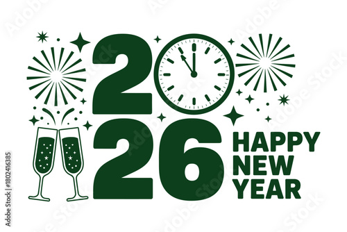 Happy New Year 2026 celebration with champagne glasses and fireworks.