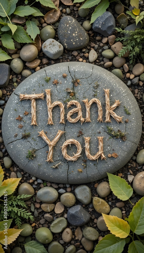 Fototapeta premium “Thank You ” message written with leaves or stones in a garden setting.