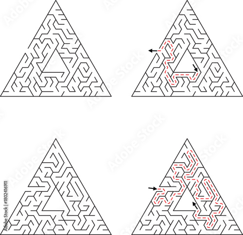 Four triangular mazes with two showing a red dashed solution path