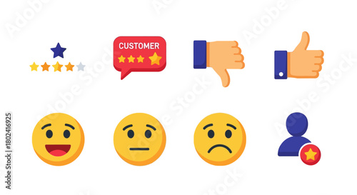 Customer feedback icons and emoji set for reviews and ratings in flat style