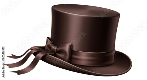 Elegant dark brown top hat adorned with a luxurious satin ribbon bow and flowing tails