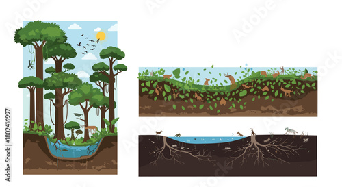Educational illustrations showing a forest ecosystem, including a vertical cross-section of trees and soil, and the life cycle of animals.