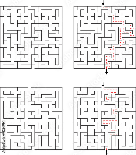 Four square mazes with two solved paths indicated by red dashed lines labyrinth puzzle