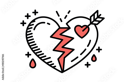 A broken heart pierced by an arrow, symbolizing heartbreak and sadness.