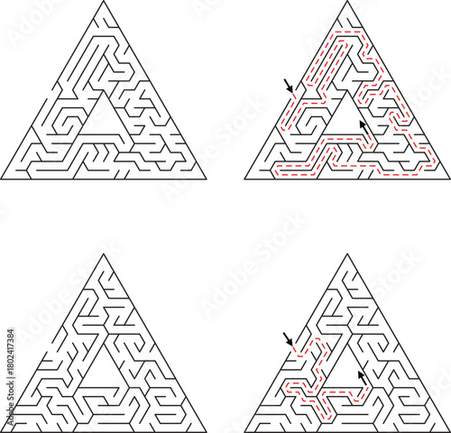 Four triangular mazes with two showing a red dashed solution path 