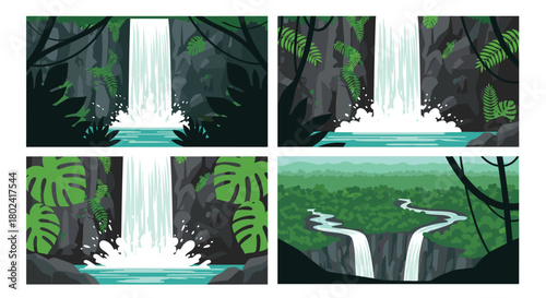 Set of four illustrations depicting a powerful waterfall in a dense jungle, shown from various angles including a wide aerial view.